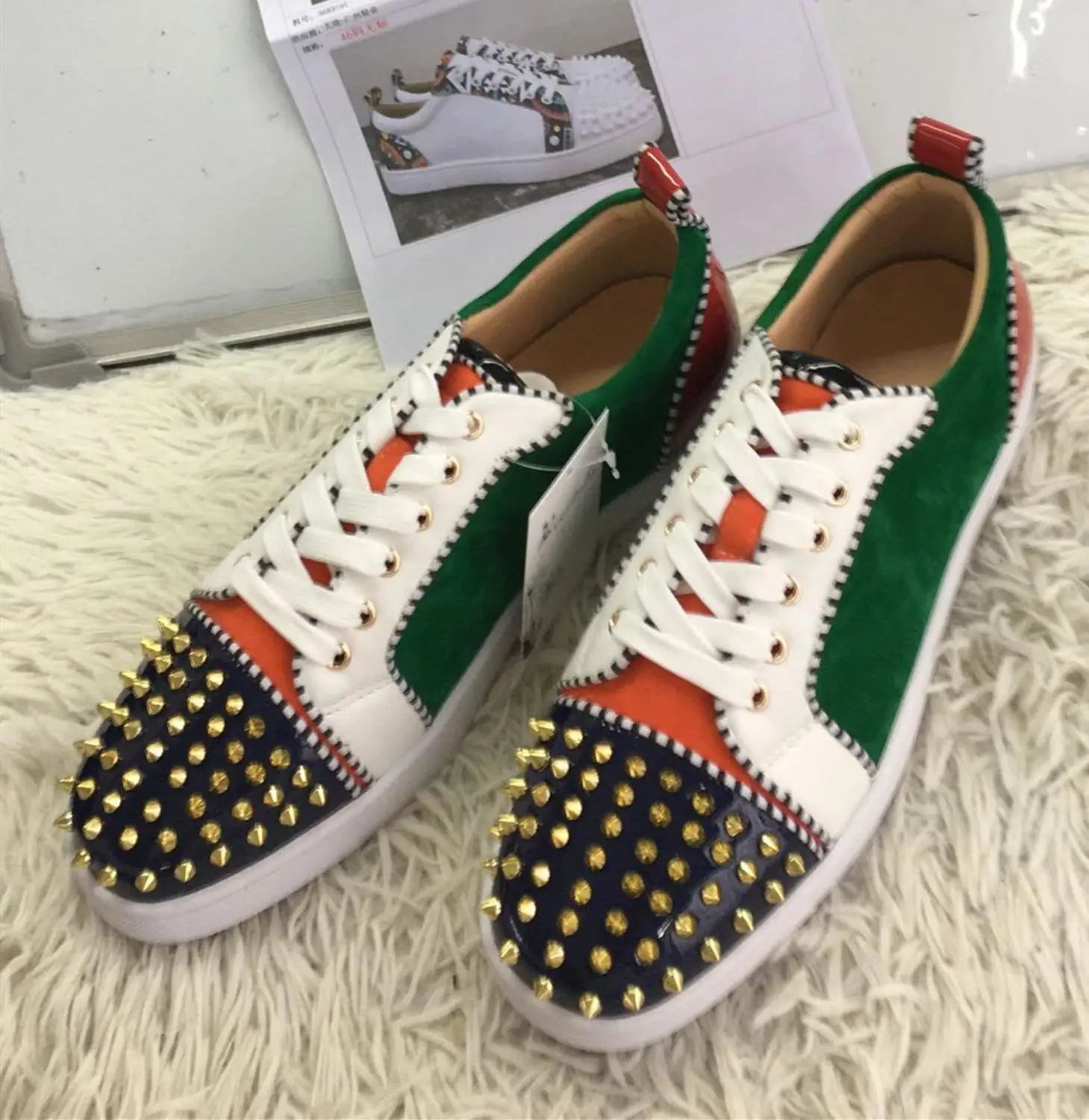 Mixed Color Men'S Casual Flats Shoes Patchwork Spikes Head Lace up Flock Luxury Brand Men Shoes Leisure Style Men Shoes